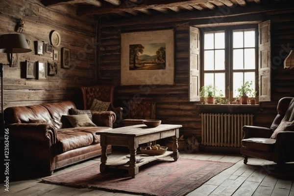 Fototapeta Luxury living room in an old house with wooden furniture, sofa, and table, featuring elegant interior design and a large window, showcasing a cozy yet sophisticated atmosphere