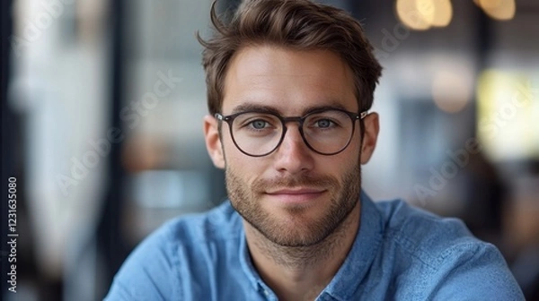Obraz Confident man in glasses, cafe background, portrait for website