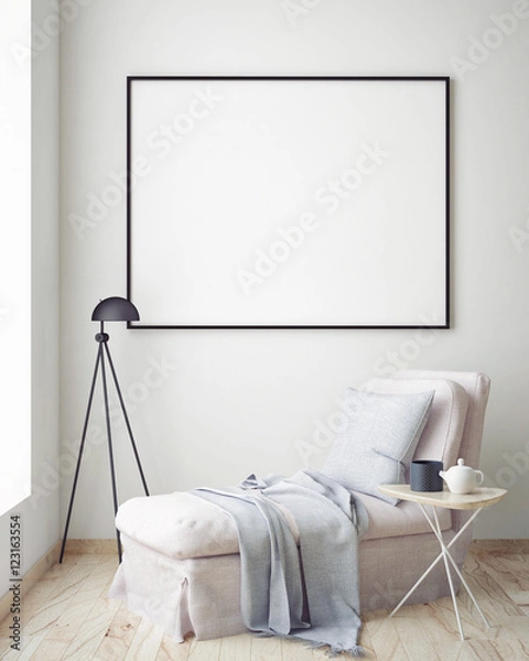 Fototapeta mock up blank poster on the wall of hipster living room, 3D rendering, 3D illustration