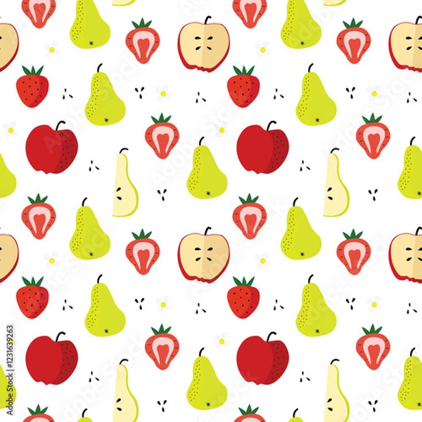 Obraz Seamless pattern of fruits including pears, apples, strawberries with seeds and flowers.