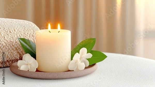 Fototapeta Winter Minimalist Living of A serene candle with flames and fresh flowers on a soft surface, creating a calming and relaxing atmosphere.