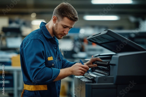 Fototapeta A technician repairing a large office printer. Created with Generative AI.