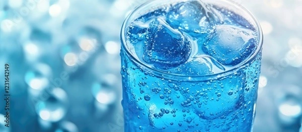 Fototapeta Vibrant blue soda drink in a clear glass filled with ice cubes, bubbles rising against a soft focus turquoise background, inviting a refreshing experience