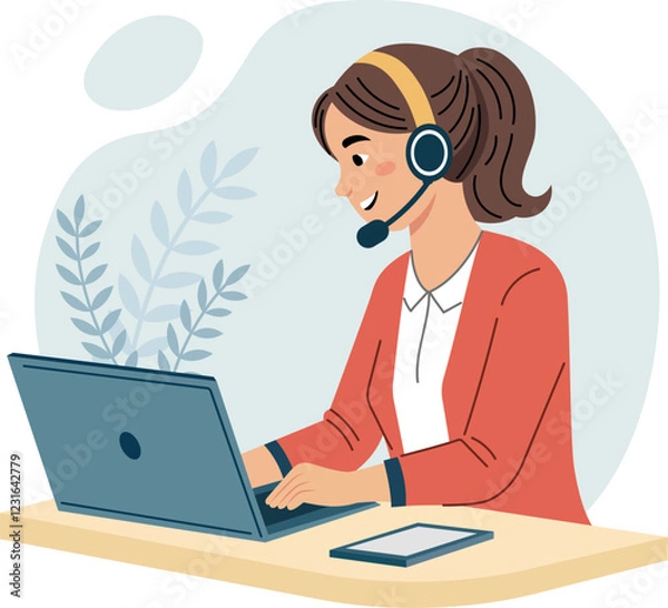 Obraz Illustration of a female customer service representative working at a desk. She is typing on a laptop.