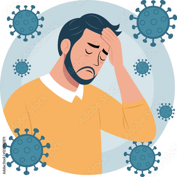 Obraz Illustration of a sick man. His facial expression shows discomfort. Around him are floating virus particles, which indicates illness or infection.