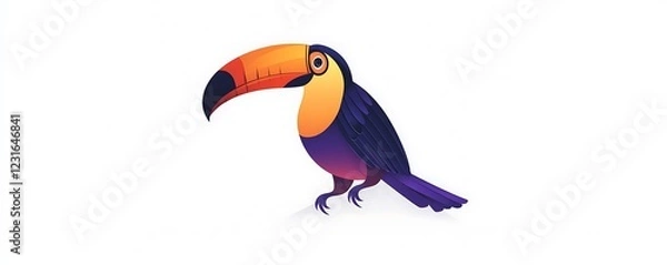Fototapeta Bold logo of a bright orange and purple toucan perched with an elegant white background