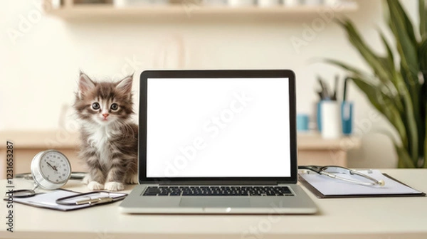 Fototapeta A cute fluffy kitten is sitting on a table with a laptop with an empty white screen. Laptop mocking in the doctor's office. Online consultation with a veterinarian. Presentation of the website