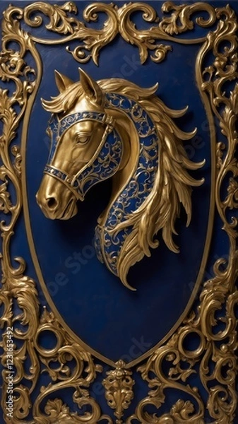 Fototapeta A royal vintage coat of arms featuring a majestic blue and golden horse with intricately detailed wings. This emblem symbolizes strength, nobility, and heritage, embodying timeless elegance and power