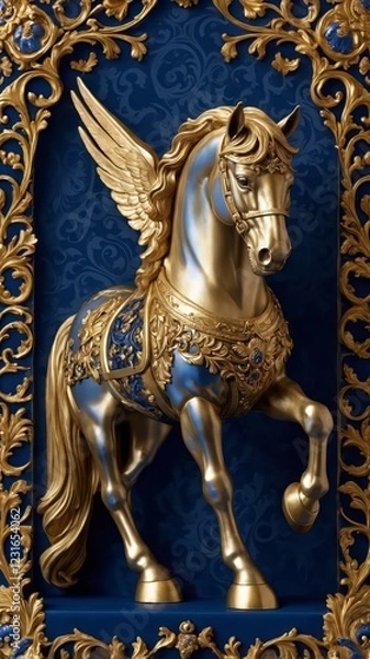 Obraz A royal vintage coat of arms featuring a majestic blue and golden horse with intricately detailed wings. This emblem symbolizes strength, nobility, and heritage, embodying timeless elegance and power