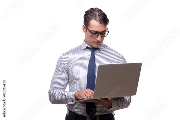 Fototapeta Handsome businessman working with laptop computer isolated on wh