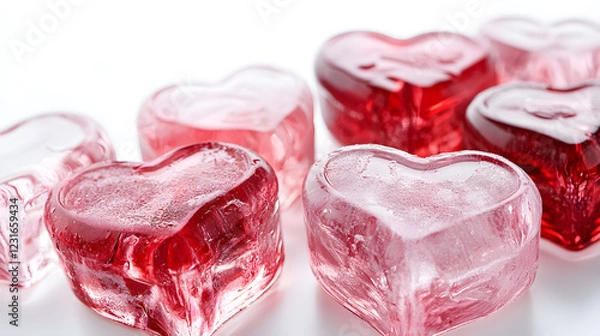 Fototapeta ? Heart-shaped ice molds with red and pink colored ice cubes isolated on white background in HD