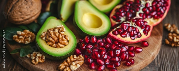 Fototapeta Fresh pomegranates, avocado slices, and walnuts arranged beautifully on wooden board create vibrant and healthy display. This colorful composition is perfect for food lovers