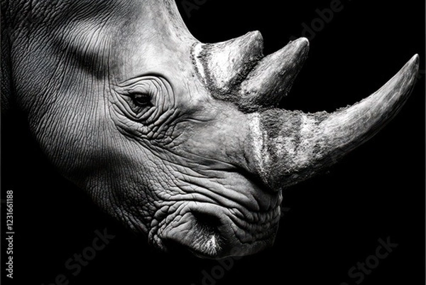 Fototapeta Majestic Portrait of a Rhinoceros with Detailed Textures and Captivating Features against a Black Background