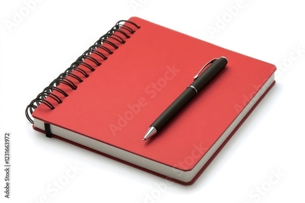 Fototapeta Red notepad with black pen on white, ideal for note taking, journaling or writing