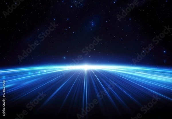 Fototapeta Vast Cosmic View with Radiant Light Beams and Starry Background, Ideal for Science Fiction and Futuristic Themes in Stock Photography