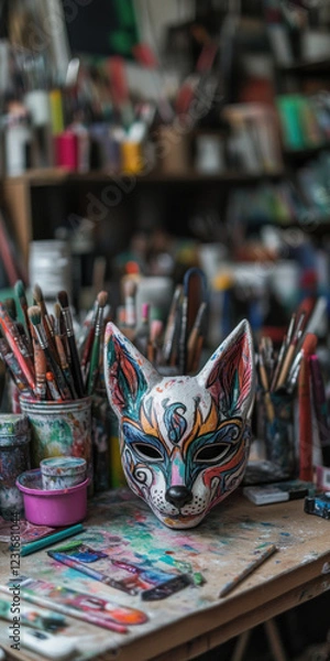 Fototapeta Colorful Artistic Fox Mask in a Vibrant Studio Filled with Paintbrushes and Art Supplies