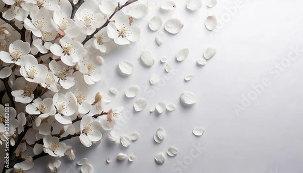 Obraz 白い桜の花と散った花びらのエレガントな俯瞰の構図イメージ