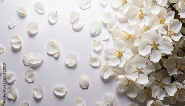 Obraz 白い桜の花と散った花びらのエレガントな俯瞰の構図イメージ