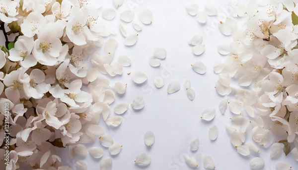 Obraz 白い桜の花と散った花びらのエレガントな俯瞰の構図イメージ