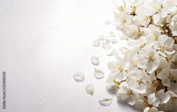Obraz 白い桜の花と散った花びらのエレガントな俯瞰の構図イメージ