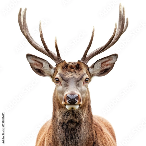 Fototapeta A high-resolution close-up portrait of a male deer (stag) with large, symmetrical antlers, showcasing its powerful and majestic presence, isolated on a transparent background.