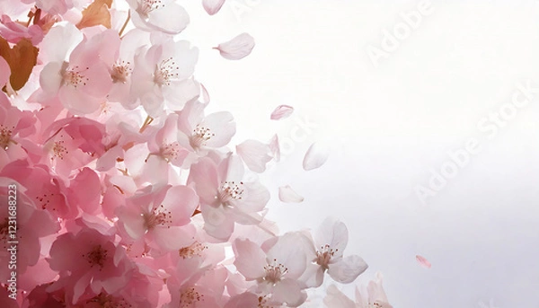 Obraz ピンクと白の桜の花と舞い散る花びらの美しい奥行きのある構図