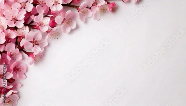 Obraz 舞い散るピンクの桜の花びらと満開の桜の白い背景　俯瞰構図