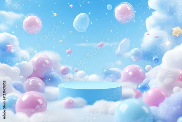 Fototapeta whimsical scene featuring pastel blue podium surrounded by soft clouds, colorful bubbles, and stars, creating dreamy atmosphere