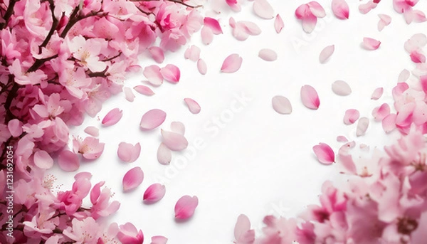 Obraz 舞い散るピンクの桜の花びらと満開の桜の白い背景　俯瞰構図