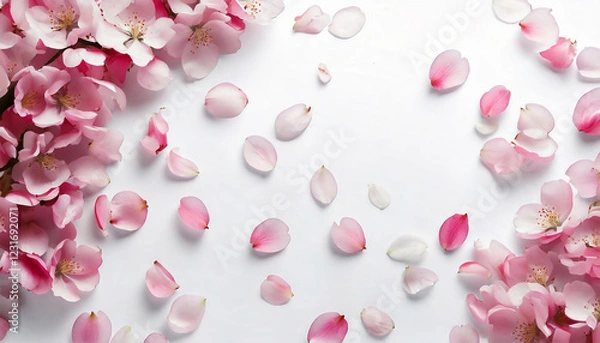 Obraz 舞い散るピンクの桜の花びらと満開の桜の白い背景　俯瞰構図