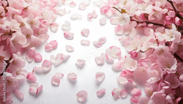 Obraz 舞い散るピンクの桜の花びらと満開の桜の白い背景　俯瞰構図