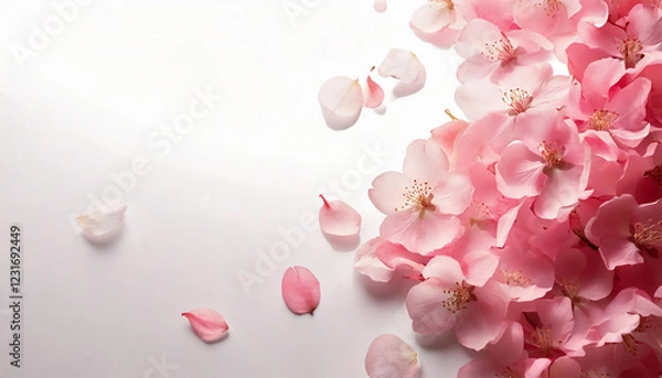 Obraz 舞い散るピンクの桜の花びらと満開の桜の白い背景　俯瞰構図
