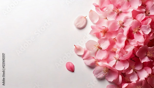 Obraz 舞い散るピンクの桜の花びらと満開の桜の白い背景　俯瞰構図