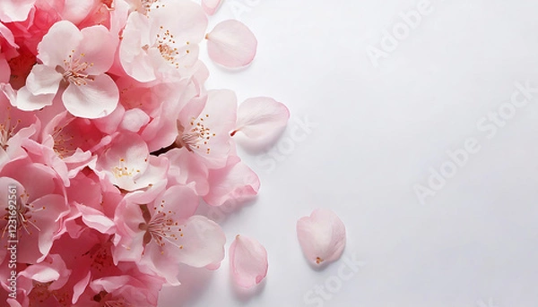 Obraz 舞い散るピンクの桜の花びらと満開の桜の白い背景　俯瞰構図