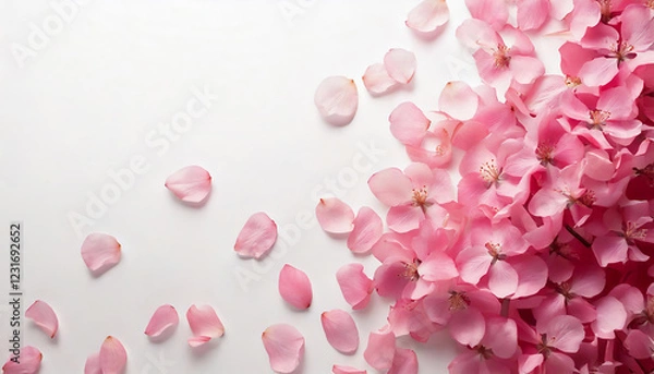Obraz 舞い散るピンクの桜の花びらと満開の桜の白い背景　俯瞰構図