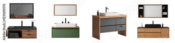 Fototapeta Collection of modern bathroom vanity units with integrated mirrors drawers and open shelving in different wood tones finishes and designs suitable for residential commercial or hospitality spaces