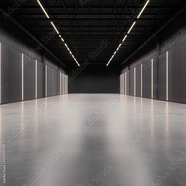 Fototapeta A spacious, modern interior featuring sleek walls, bright lighting, and a polished floor, creating a minimalistic and industrial atmosphere.