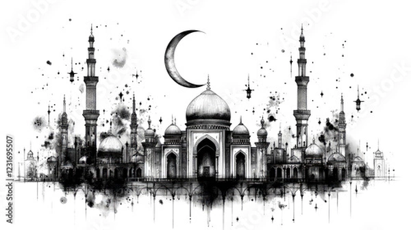 Fototapeta A grayscale illustration of a grand mosque under a crescent moon, surrounded by smaller buildings and a starry night sky.