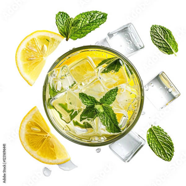 Fototapeta Refreshing lemon and mint cocktail with ice cubes, a perfect drink for summer. Top view of a glass with beverage, lemon slices, and mint leaves.