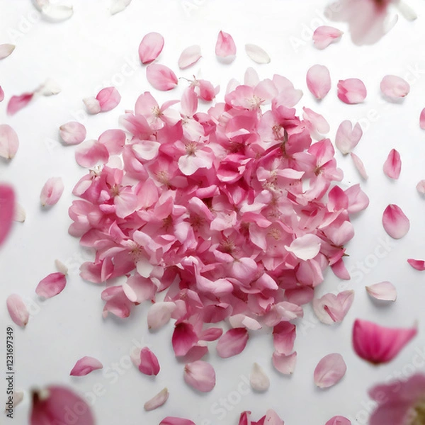 Obraz 散り積もるピンクの桜の花びらと白い背景