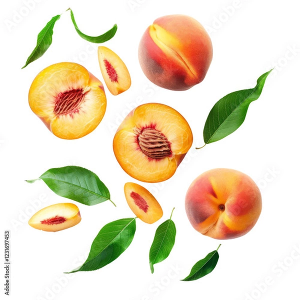 Obraz Top view of ripe, juicy peaches and green leaves on white background. Fresh summer fruit arrangement.