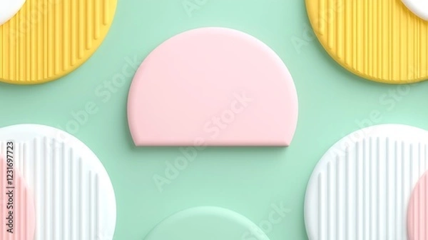 Fototapeta Colorful geometric shapes in pastel colors arranged on a mint green background creating a playful visual composition
