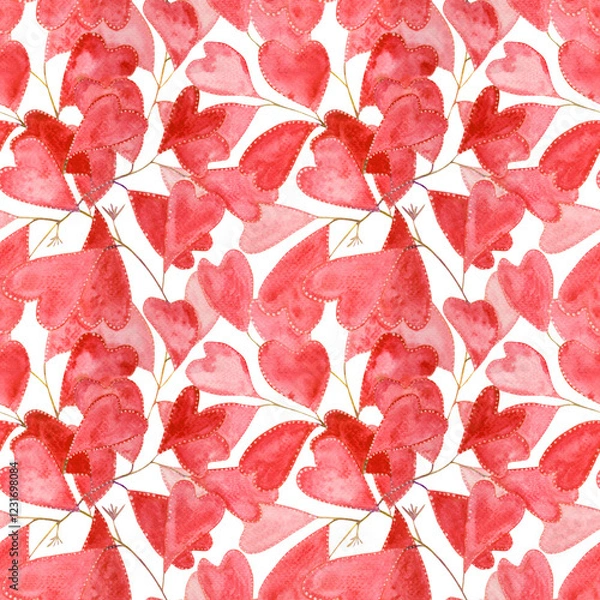 Fototapeta Whispers of Love: A Valentine’s Day Symphony of Delicate Heart Petals and Graceful Leaves in a Magical Garden of Romance. Red watercolor heart garden seamless pattern on a transparent background.