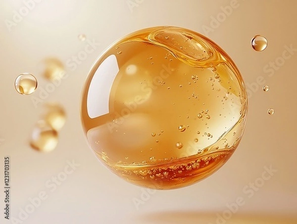 Obraz Golden oil bubble with photorealistic details and a glossy finish on background soft gradient of light beige tones