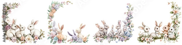 Fototapeta Adorable Easter Bunny Floral Wreaths and Bouquets in Pastel Colors  Charming and romantic design with cute rabbits flowers leaves and greenery in a delicate whimsical and naturalistic style