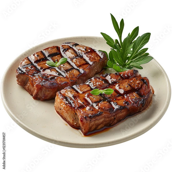 Fototapeta Close up Top view flat lay of Ribeye Steak with charred crust or  Grilled veal meat ribs cutlets with ingredien herbs against a transparent background as a separate object