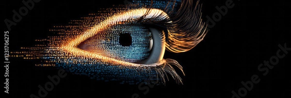 Fototapeta A futuristic concept shot of an eye under dramatic lighting, with partial reflection of alphanumeric code in bold blue and warm yellow,