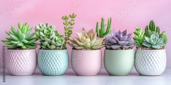 Fototapeta Succulent plants arrangement on pastel colored background. Potted succulent house plants. Flat lay, top view, copy space
