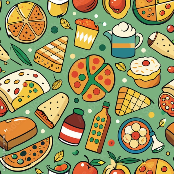 Obraz European Food Pattern Seamless Vector Background of Traditional Cuisine