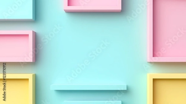 Fototapeta Colorful Minimalist Shelves on Soft Blue Background Perfect for Displaying Art or Photography in Modern Decor